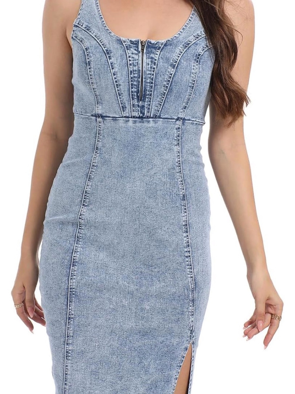 Classic Light Blue Denim Midi Dress with Front/Back Zip - XL